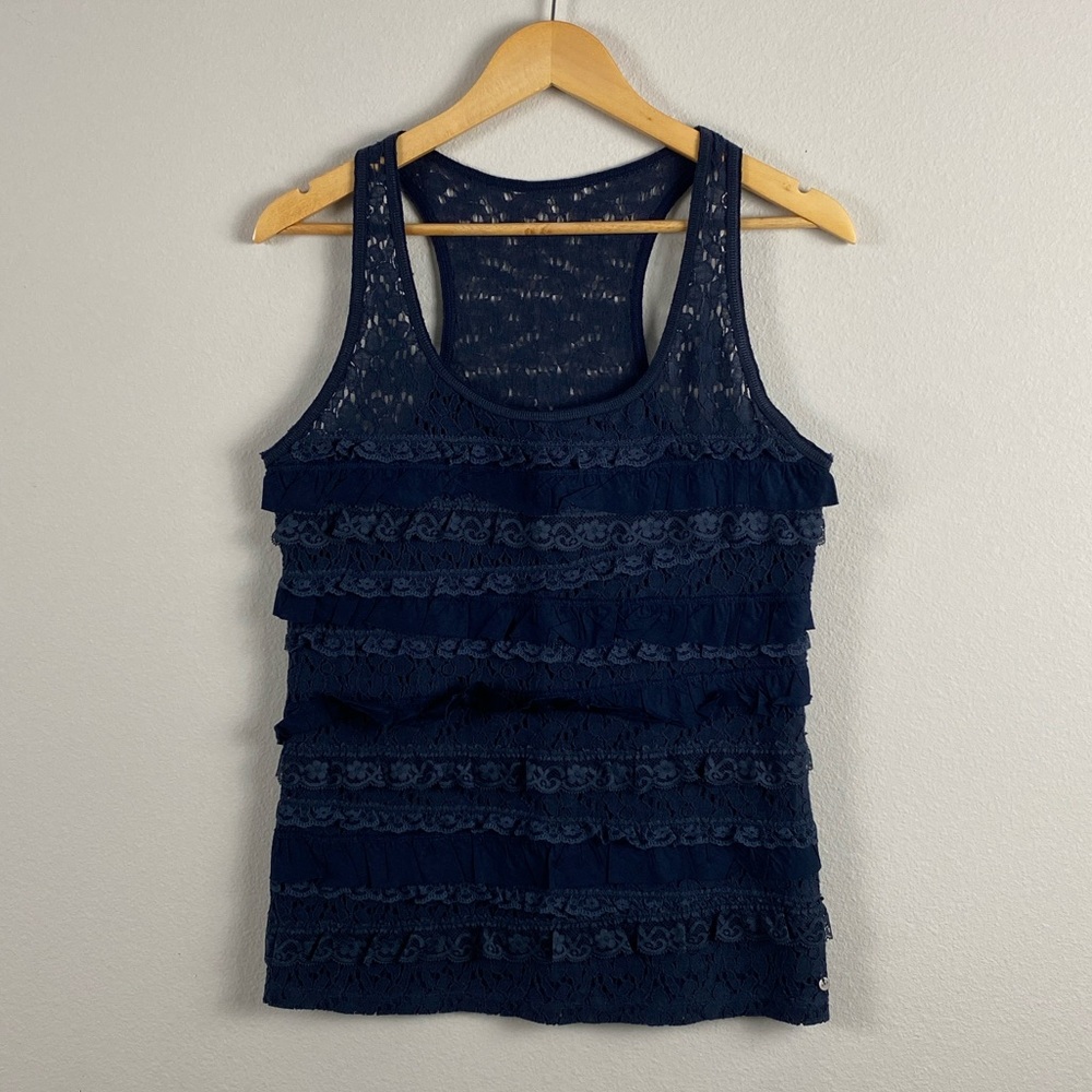Abercrombie & Fitch Floral Lace Ruffle Layer Tank Top | Semi Sheer, Lined | Navy